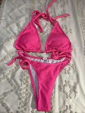 Hot Pink Textured Tie-Side Bikini Set